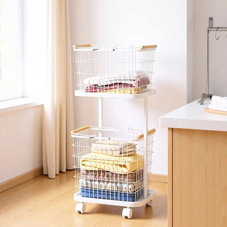 Bathroom Storage Iron Laundry Basket with Wheels
